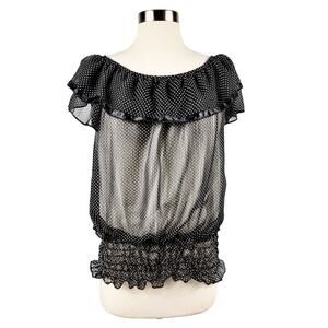 FROKEN SOT Blouse Black White Polka Dot Ruffles Sheer Top Retro Small Rockabilly